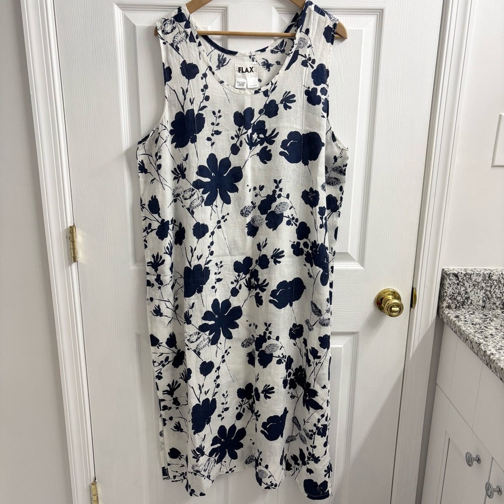 Flax 100% Linen Floral Midi Dress White Large Navy Blue Boho Lagenlook